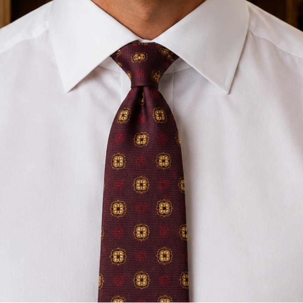 Kiton Port Wine Silk Tie with Gold Medallion Pattern